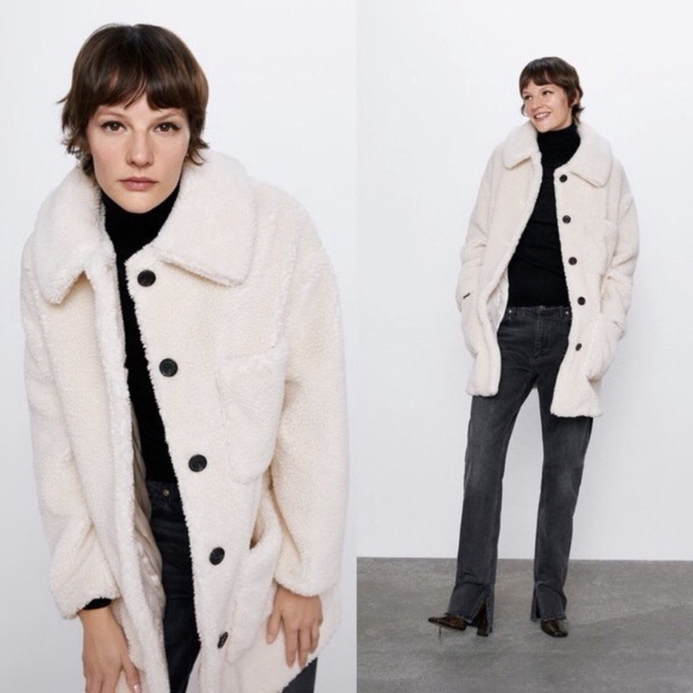 Zara - Oversized Faux Fur Fleece Teddy Coat in Ecru (S)